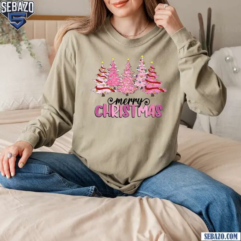 Merry Christmas Pink Christmas Tree T-shirt long sleeved