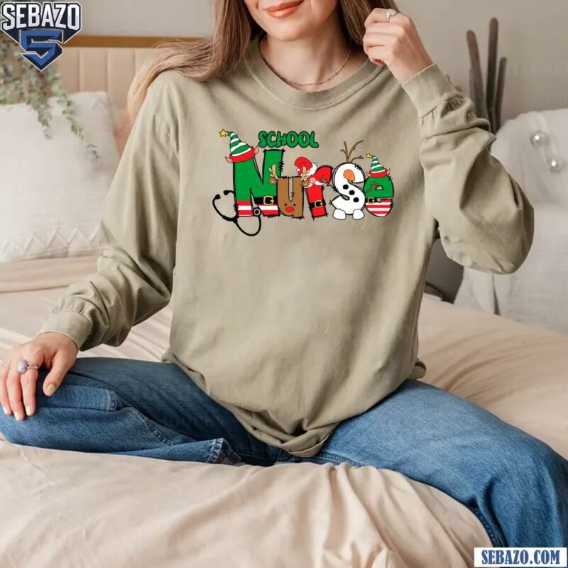 School Nurse Christmas Elf Santa Hat T-shirt long sleeved