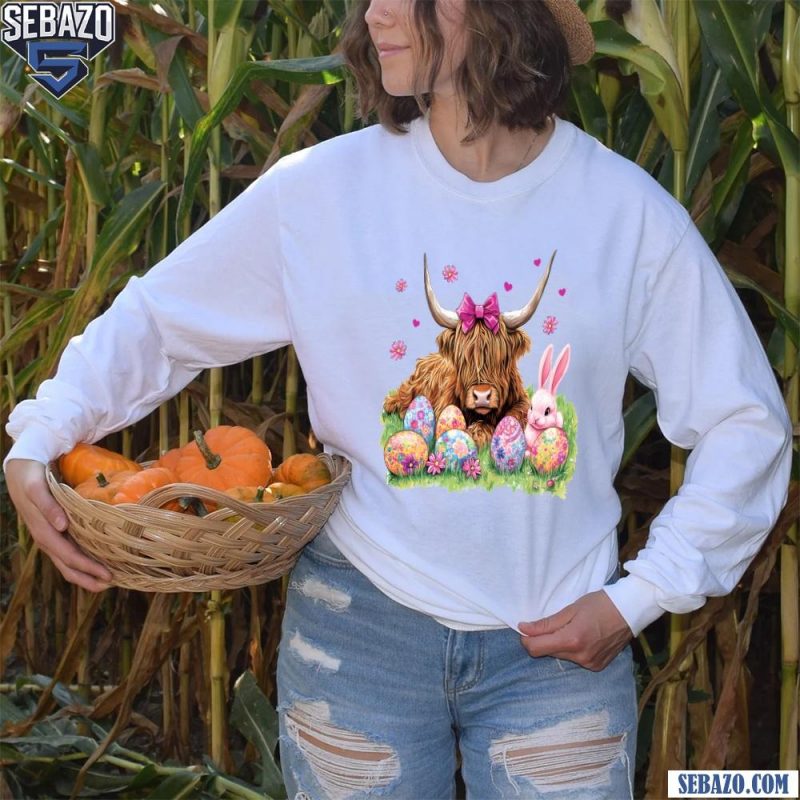 Easter Highland Cow Coquette Pink Bow Shirt long sleeved