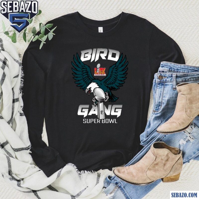 Bird Gang Eagle Mascot Holding The Trophy Super Bowl LIX Shirt long sleeved