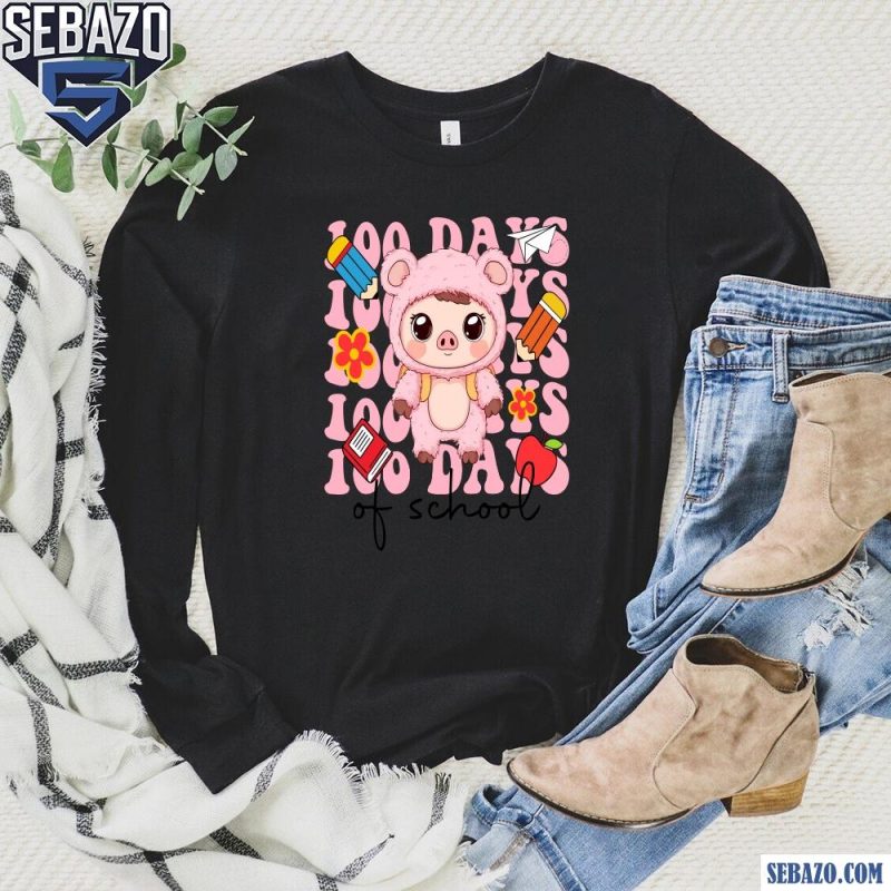 Happy 100 Days Of School Cute Pink Teddy Bear Pig Shirt long sleeved