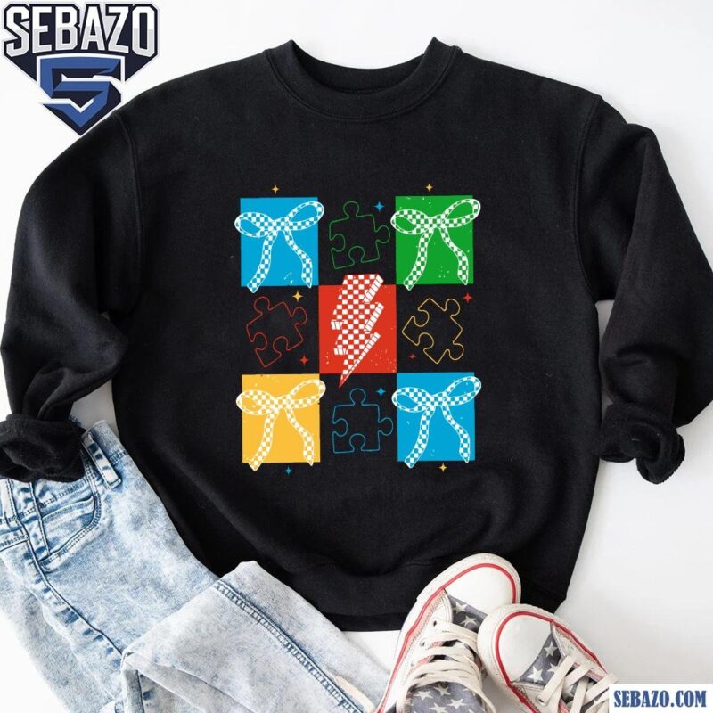 Retro Colorful Checkered Autism Puzze Coquette Bow Shirt sweatshirt