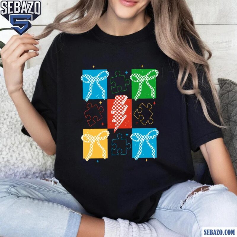 Retro Colorful Checkered Autism Puzze Coquette Bow Shirt t-shirt