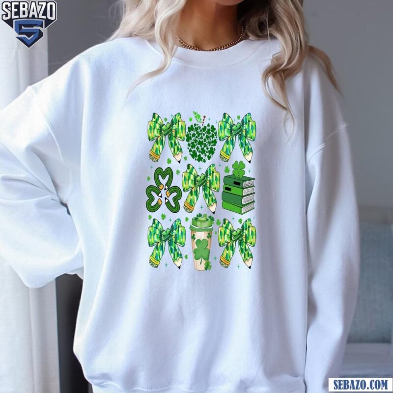 St Patricks Day Teacher Shamrock Pencil Coquette Bow Shirt sweatshirt