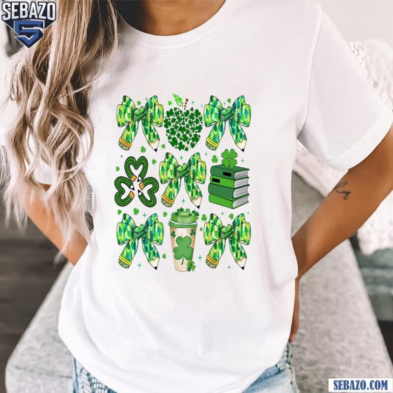 St Patricks Day Teacher Shamrock Pencil Coquette Bow Shirt t-shirt