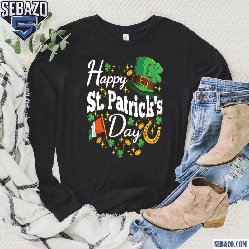 Happy St Patricks Day Shamrock Hat Irish Flag Shirt long sleeved