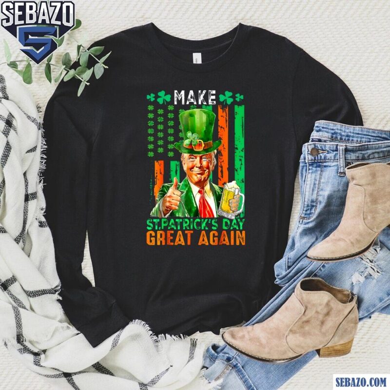 Make St Patricks Day Great Again Funny Shamrock Beer American Flag Shirt long sleeved