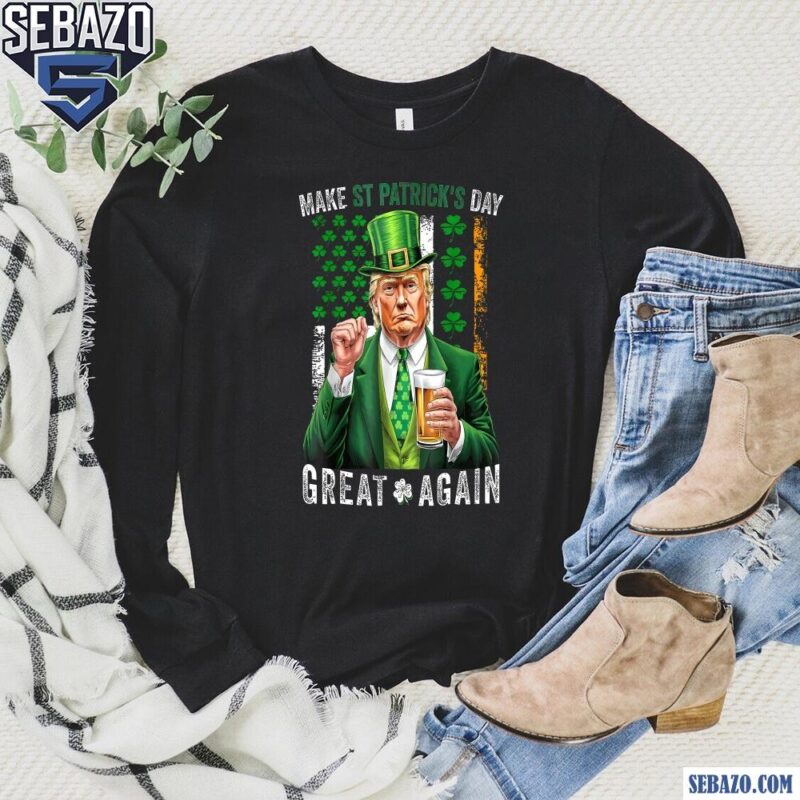 Retro Make St Patricks Day Great Again Funny Trump Shamrock Flag Shirt long sleeved