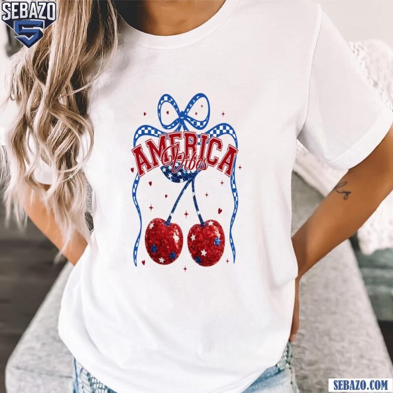 Checkered America Vibes Cherry Bow Patriotic Retro Summer Shirt t-shirt
