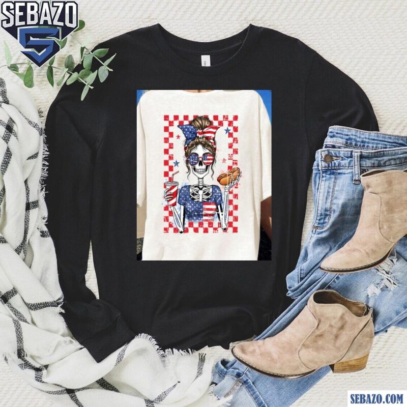 Fourth Of July Skeleton Girl Funny Merica Hotdog And Drink Shirt long sleeved