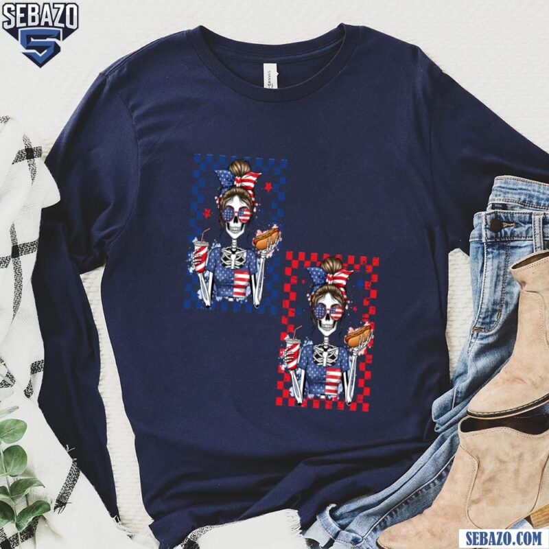 Fourth Of July Skeleton Girl Funny Merica Hotdog And Drink Shirt long sleeved