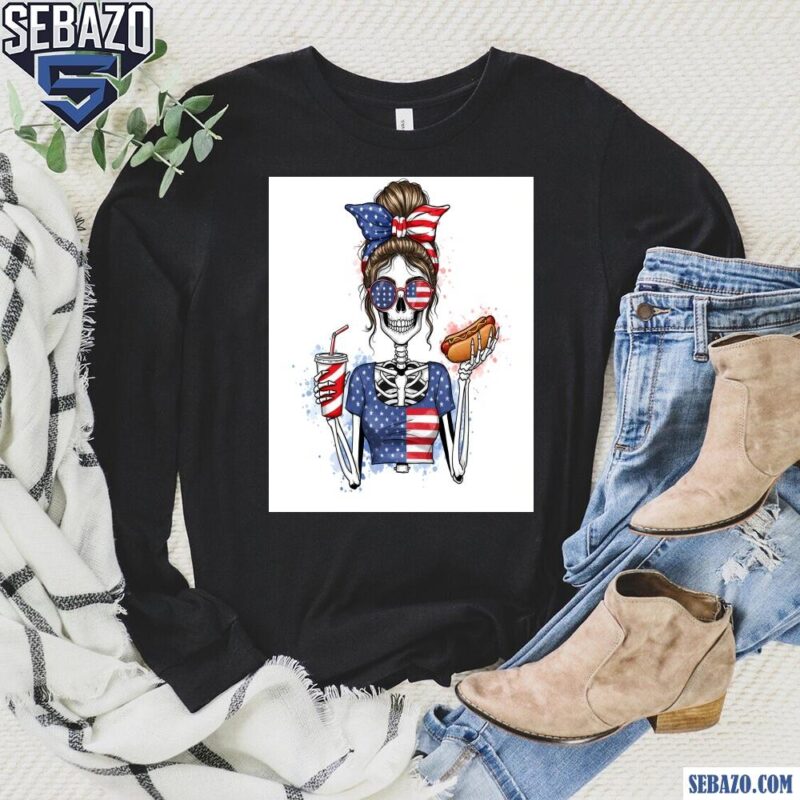 Fourth Of July Skeleton Girl Funny Merica Hotdog And Drink Shirt long sleeved