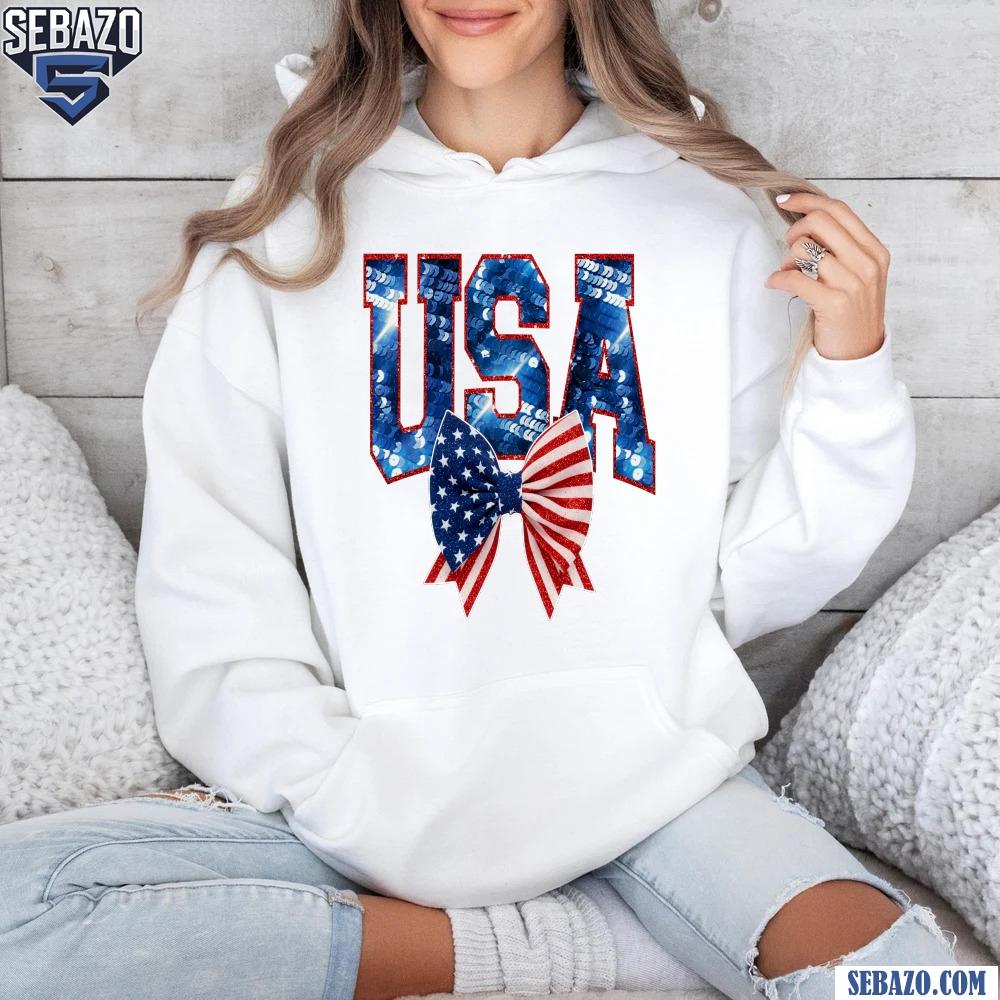 Glitter 4th Of July Usa Bow Sparkly Red White And Blue Shirt
