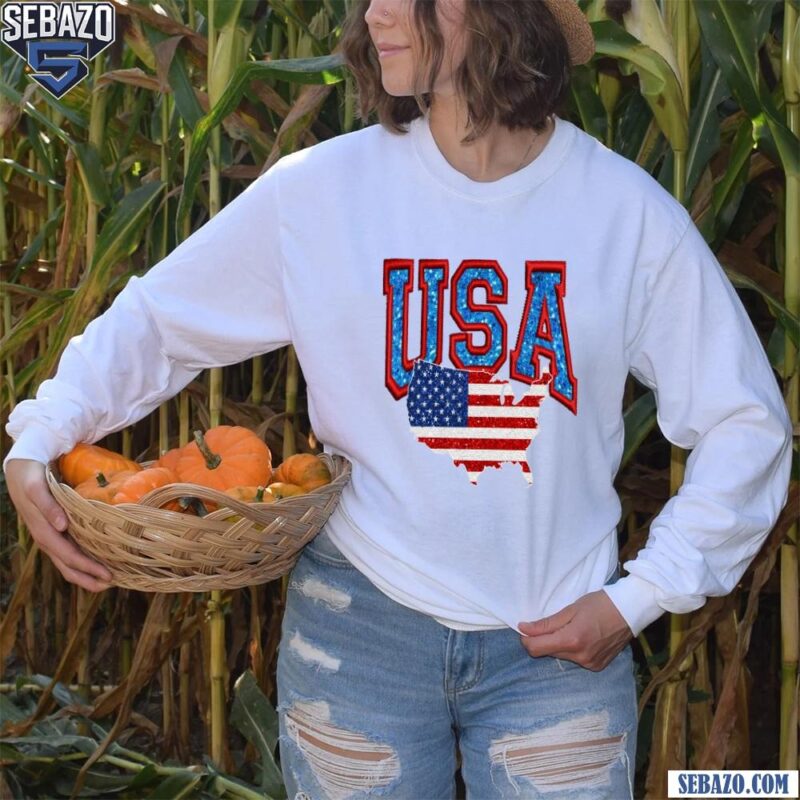 Sequin Usa Glitter Retro America 4Th Of July Shirt long sleeved