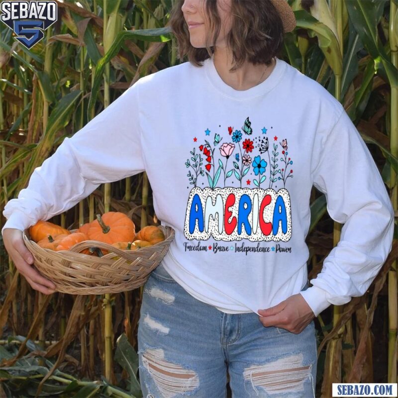 Floral America Girly 4Th Of July Retro Usa Shirt long sleeved