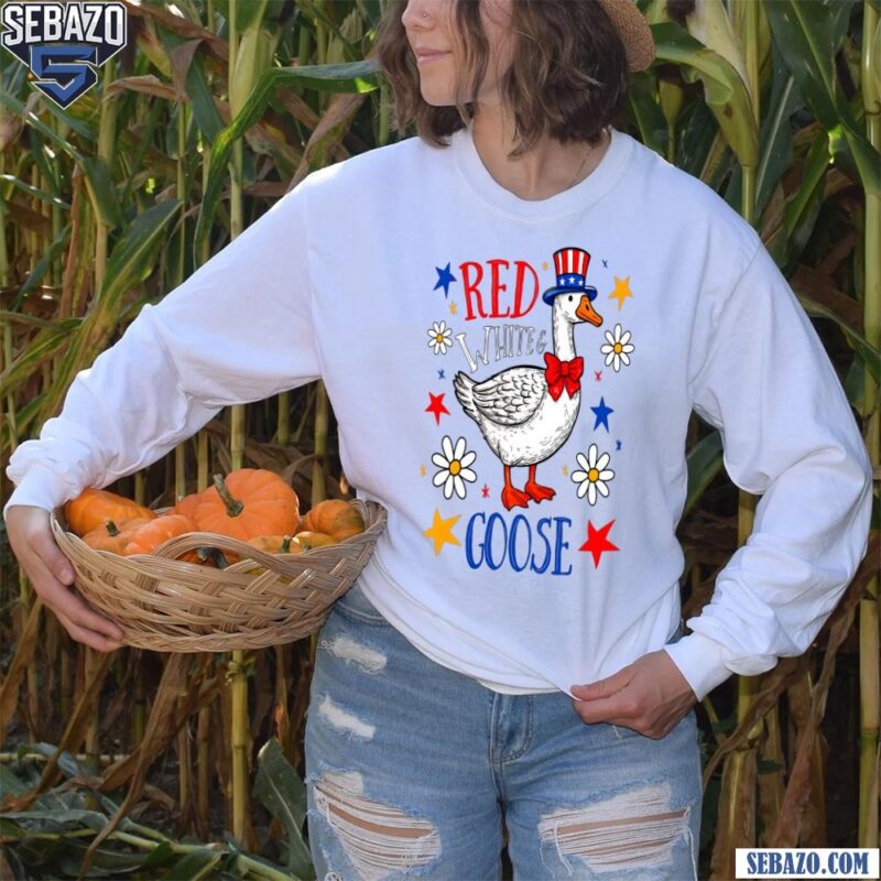 Red White And Goose Funny Patriotic Floral Fourth Of July Shirt long sleeved